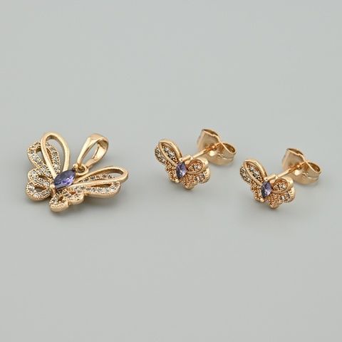 Набор Butterfly 49348 кулон 19х20 мм + серьги 8х12 мм фиолетовые фианиты вес 3.6 г позолота 18К 49348Кфіо фото