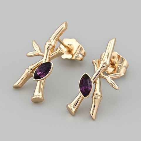 Серьги с кристаллами Swarovski Бамбуковая веточка 48906 размер 22х9 мм цвет аметистовый вес 2.6 г позолота 18К 48906Камет фото