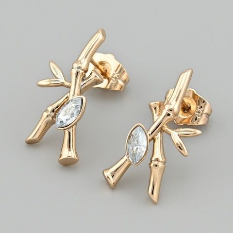 Серьги с кристаллами Swarovski Бамбуковая веточка 48906 размер 22х9 мм цвет серый вес 2.6 г позолота 18К 48906Ксір фото