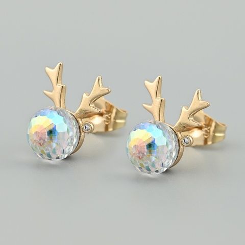Серьги гвоздики Олень с кристаллами Swarovski 45571 размер 14х12 мм цвет рассвет вес 2.9 г позолота 18К 45571Ксвіт фото
