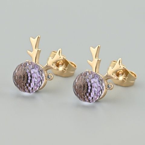 Серьги Олень с кристаллами Swarovski 45528 размер 14х12 мм цвет сиреневый вес 2.9 г позолота 18К 45528Кбуз фото