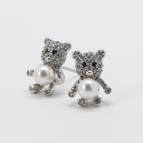 Серьги гвоздики Xuping Teddy 45521 размер 13х10 мм белые фианиты искусственный жемчуг вес 3.0 г позолота Белое Золото 45521БЗ фото