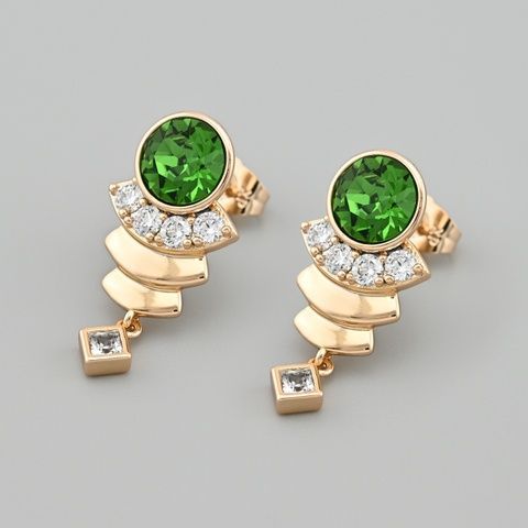 Серьги с кристаллами Swarovski 53419 размер 28х14 мм цвет оливковый вес 7.2 г позолота 18К 53419Колив фото