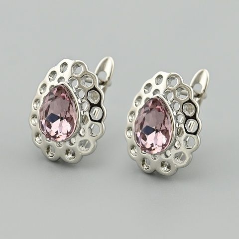 Серьги с кристаллами Swarovski Жозефина 45582 размер 15х12 мм цвет розовый вес 3.1 г позолота Белое Золото 45582БЗрож фото